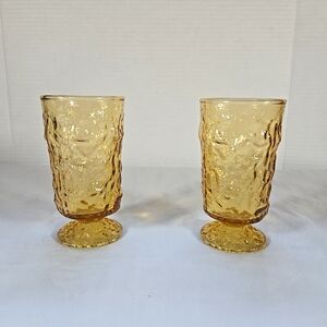 Vintage Anchor Hocking Lido Milano MCM Crinkle Amber Juice Glasses 4.5" Set Of 2